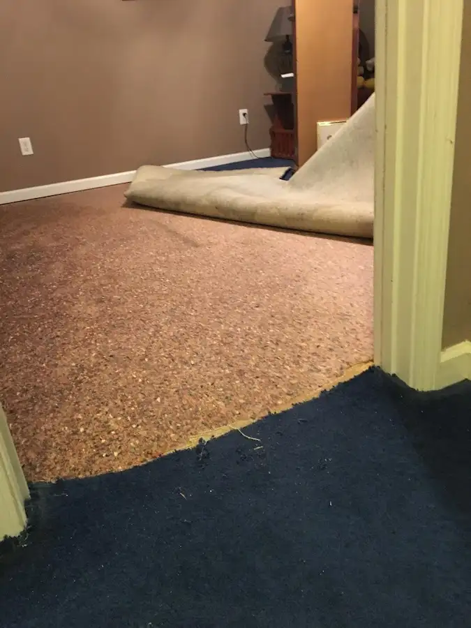 Carpet pad removal revealing water damage during Drying & Dehumidification in Saratoga Springs